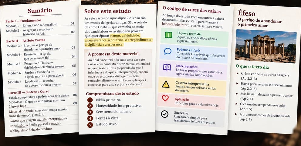 Prévia das páginas internas do estudo: sumário, apresentação do material, o código de cores da interpretação e o exemplo da carta a Éfeso